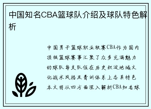 中国知名CBA篮球队介绍及球队特色解析