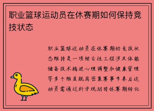 职业篮球运动员在休赛期如何保持竞技状态